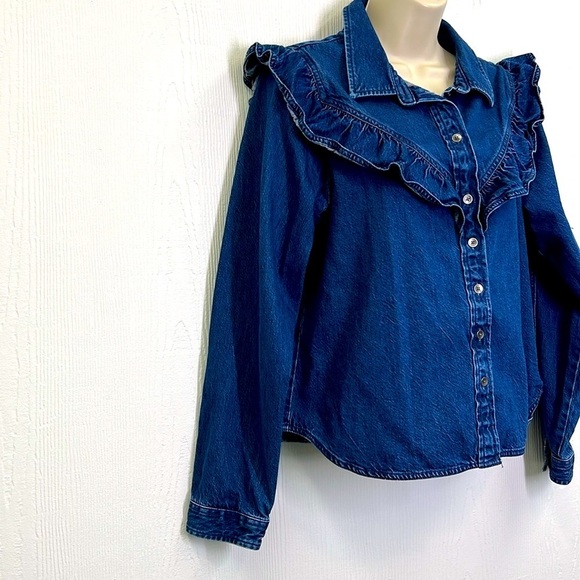 American Eagle - Oversized Dark Denim Button Down Ruffle Western Shirt Size M - Picture 4 of 13